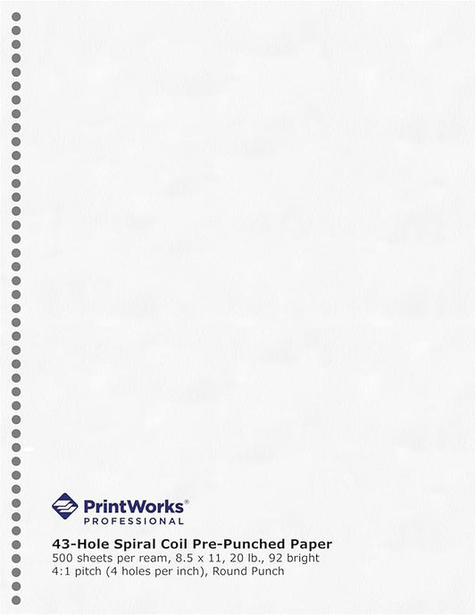PrintWorks Professional Pre-Punched Spiral Binding Paper - 43-Hole (4:1 Pitch Hole Punch) - Book Binding Printer Paper - Made in the USA - 500 Sheets - 8.5" x 11" - 20 lb - 92 Bright White (04144)-DeskLoop Office