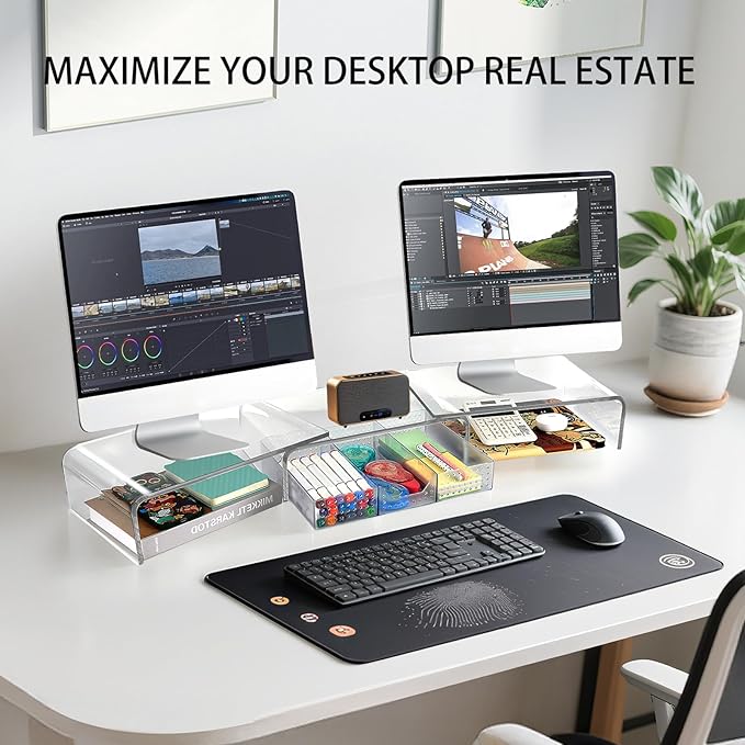 Clear Acrylic Desk Organizers and Accessories, Dual Computer Monitor Stand Riser with Drawer, Desk Shelf for Monitor, Workspace Desktop Organization for Office Supplies-DeskLoop Office