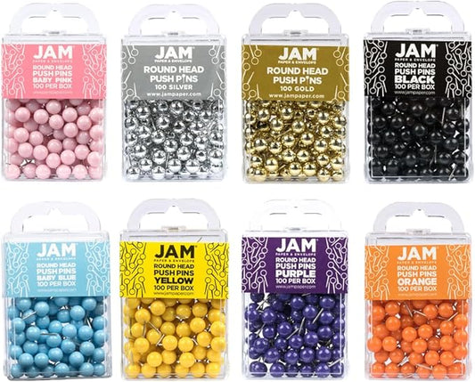 JAM PAPER Colorful Push Pins - Round Head Thumb Tacks - Assorted Color Pushpins - 8 Packs of 100-DeskLoop Office