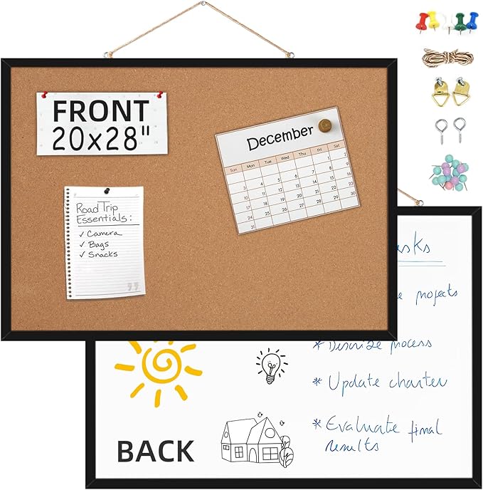 20” x 28” Cork Boards for Walls with Black Wooden Frame 1pack, Whiteboard and Cork Board Combo Double Sided Office Board for Wall Organizer, Bulletins Board Hanging Pin Board for School Home Office-DeskLoop Office