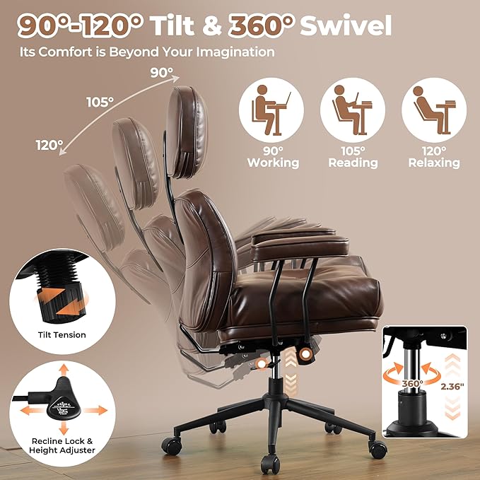 ovios Ergonomic Home Office Chair, Mid-Century Modern Faux Leather Chairs with Thickened Cushions, Comfy High Back Swivel Rolling Executive Computer Armchair (Dark Brown, PU Leather)-DeskLoop Office