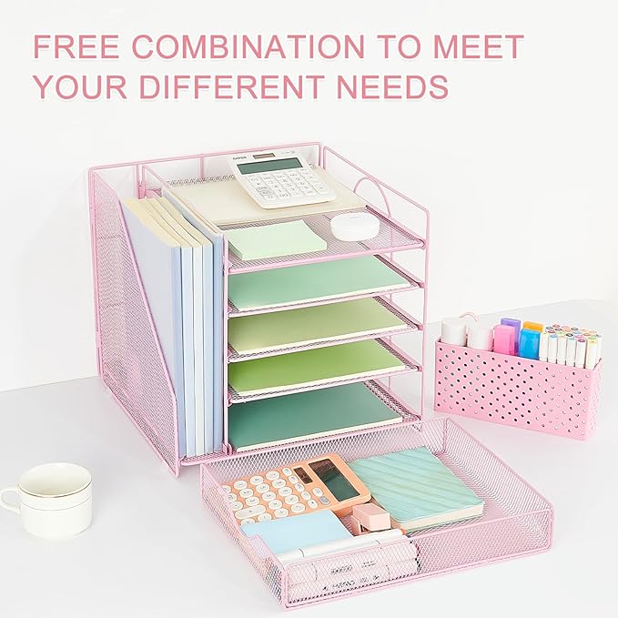 Desk Organizer with Drawer and Pen Holder, 5-Tier Paper Letter Tray Organizer with File Holder, Suitable for Workspace Organizer Office Supplies Storage (Pink)-DeskLoop Office