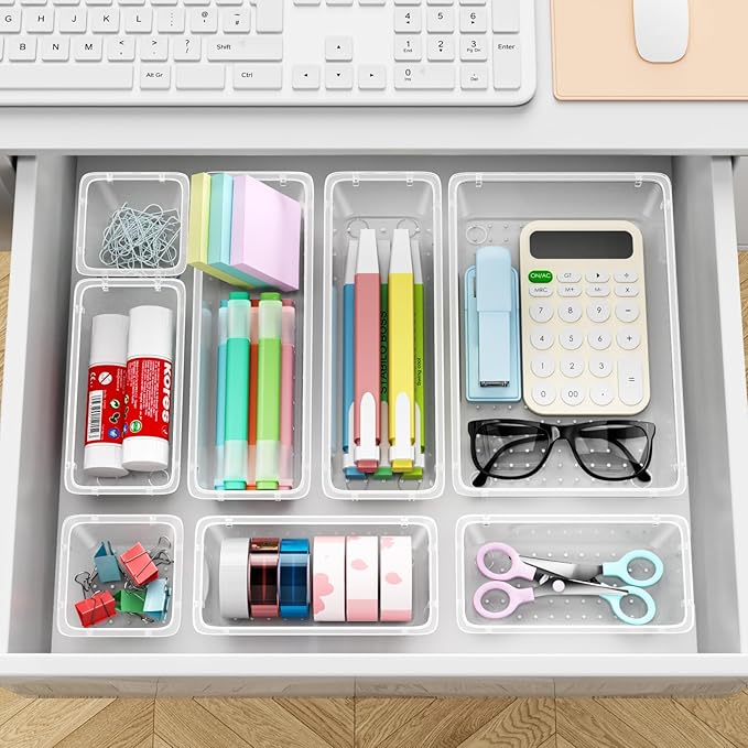 12-Piece Drawer Organizer Set, 4 Sizes Clear Plastic Makeup Vanity Organizer for Makeup, Stationery, Gadgets, Kitchen, Bathroom, Office, Bedroom