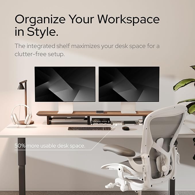 KIVY Dual Monitor Riser with Integrated Metal Shelf - Wooden desk shelf for top of desk - Wood monitor stand for desk 2 monitors / tv - Dual monitor stand riser for desk - Large walnut monitor stand-DeskLoop Office