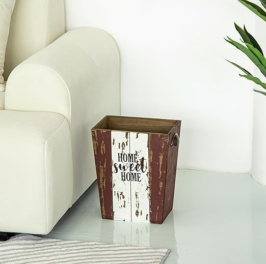 Small Wood Trash Can Wastebasket, Farmhouse Rectangular Garbage Can Waste Basket, Rustic Distressed Wooden Trash Recycling Bin with Metal Handles, Home Sweet Home Wood Storage Basket (Distressed)-DeskLoop Office
