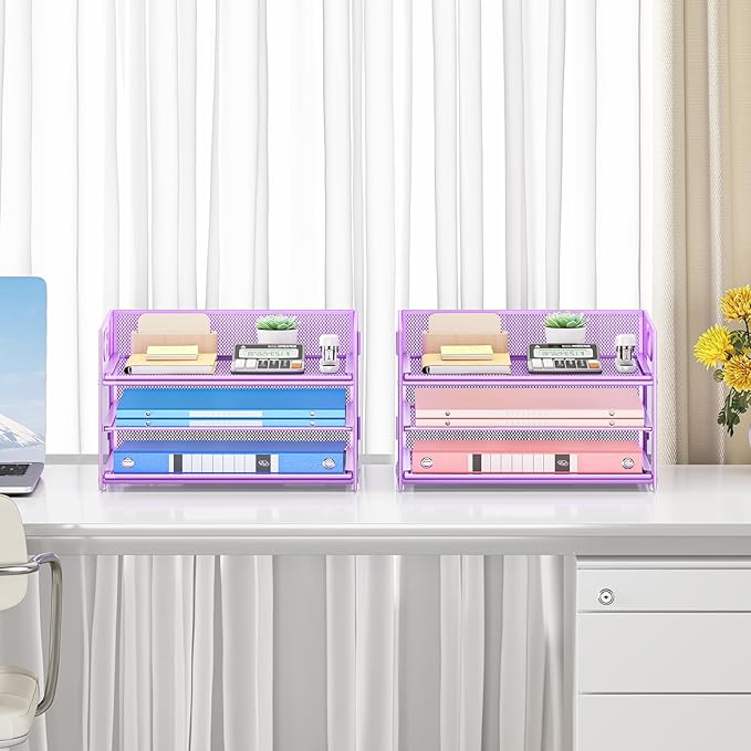 Subekyu 2-Pack 3-Tier Purple Metal Mesh Desk Paper Letter Tray & File Sorter Organizer with Handle + 1 Sliding Tray for Desk, Home, Office, School Supplies, A4 Paper and Accessories Storage-DeskLoop Office