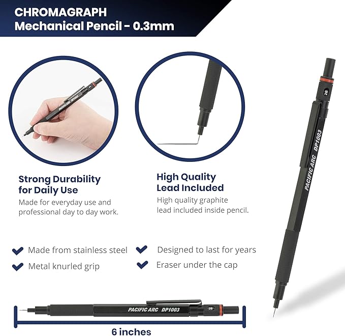 Pacific Arc Chromagraph Metal Mechanical Pencil .3 mm Black Barrel Mechanical Pencil with Built In Lead Pencil Grade Indicator, Lead Pencil Holder for Drafting, Sketching, and Drawing-DeskLoop Office