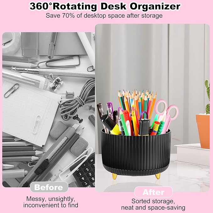 Black Desk Organizers and Accessories 10Pcs Set with 360-Degree Rotating Pen Holder, Tape Dispenser, Stapler, Staple Remover, 1000 Staples, Tape, Clips Set, Ruler, Scissor, Pen (Black)-DeskLoop Office