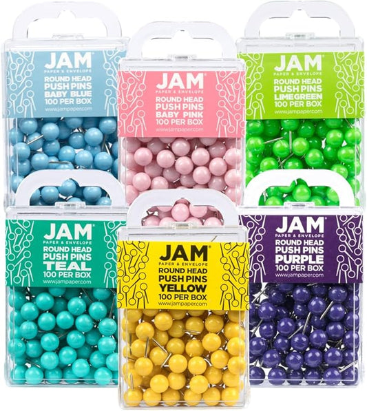 JAM PAPER Colorful Push Pins - Round Head Map Thumb Tacks - Assorted Spring Colors - 600/Pack-DeskLoop Office