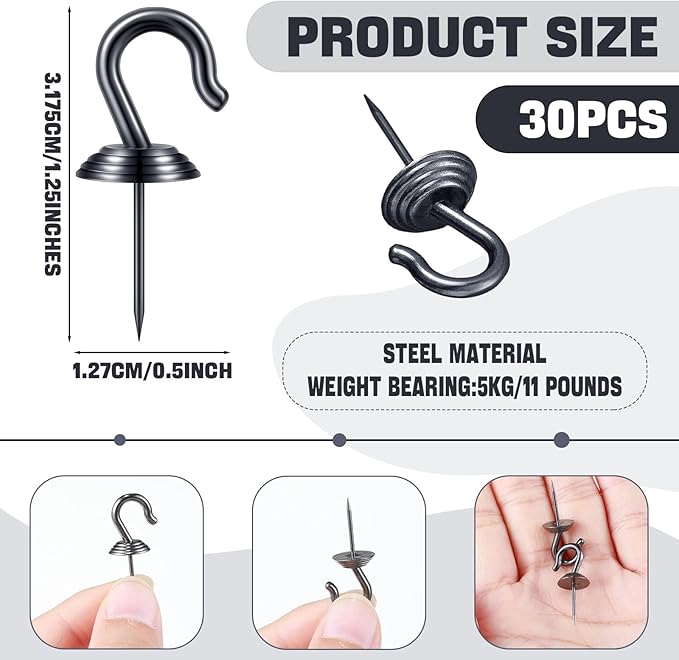 Hotop 60 Pieces Push Pin Wall Hooks Metal Thumb Tack Hangers Iron Alloy Nail Decorative Picture Hooks for 20 Lbs Home Office School Party Supply (Black)-DeskLoop Office