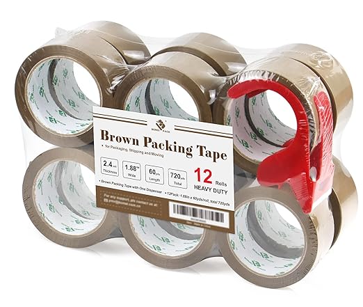 BOMEI PACK Brown Packing Tape Refills, Heavy Duty 12Rolls with 1 Dispenser for Packaging, Shipping and Moving, 2.4Mil 1.88 Inch x 60 Yard-DeskLoop Office