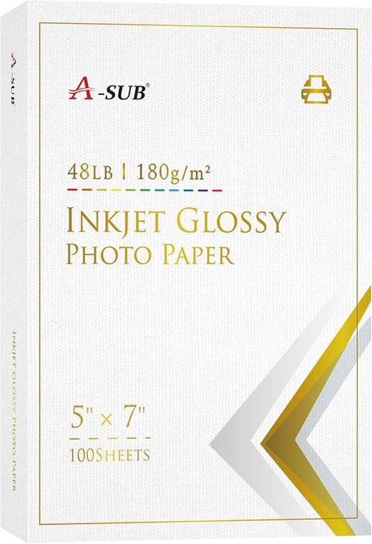 A-SUB Inkjet Glossy Photo Paper 5X7 Inches 48lb 180gsm Professional Glossy Photographic Paper for Inkjet Printers Dye Ink 100 Sheets-DeskLoop Office