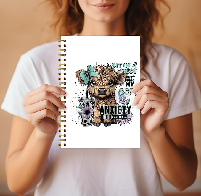Bit of a Mess Anxiety Funny Highland Cow Notebook - Western Cow Notebook, Highland Cow Office Supplies, Highland Cow Gifts, Cow Lover Gifts, Cute Cow Stuff, Cow Spiral Notebook 5.5x8.3-DeskLoop Office