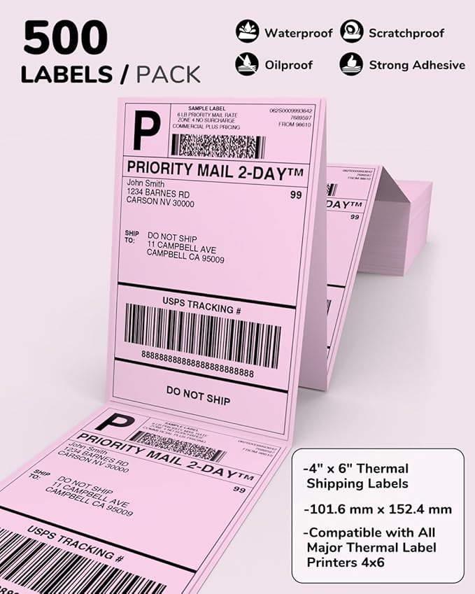 Pink Thermal Labels 4x6 for Shipping Label Printers - 500 PCS Pink Shipping Labels Compatible with Thermal Printers 4x6, Water/Oilproof Label Paper, Use for Logistics Business-DeskLoop Office