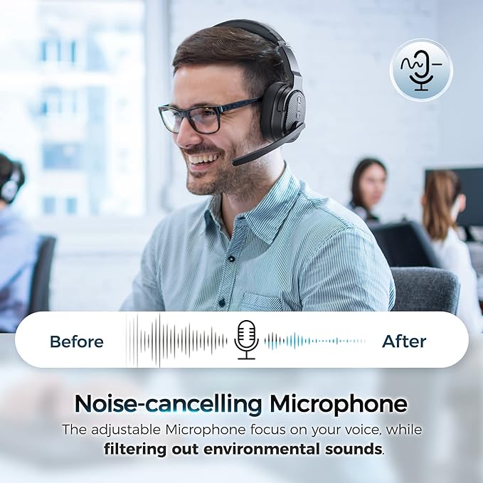 Trucker Bluetooth Headset with Dongle, Wireless Headsets with Noise Cancelling Microphone, 50+Hrs HD Talktime Bluetooth Headphones with Detachable Earpad/Single+Dual Mode for Office/Driving-DeskLoop Office