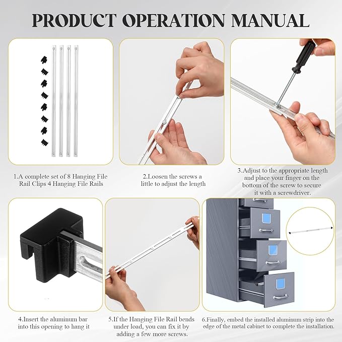12 Pcs Metal Adjustable File Cabinet Rails Set Include 8 Hanging File Rail Clips 4 Cabinet Dividers Bars Suitable for Cabinets with Drawer Thickness Less Than 1/8 Inch(Silver,18-32.5 Inch)-DeskLoop Office