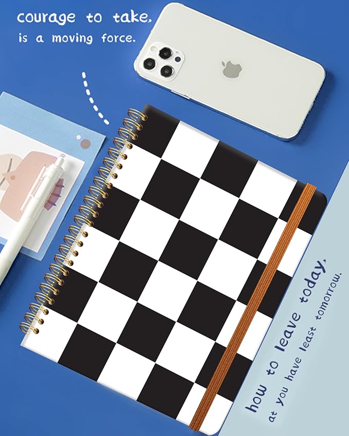 Ruled Spiral Writing Notebook,A5 Hardcover Lined College Journal for Women Lady,Fashion Puppy Watercolor Strong Twin-Wire Binding with Premium Paper,8.4" X 6",Perfect for School,Office,Home Gifts(Black White Checker)-DeskLoop Office