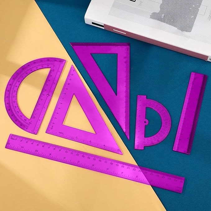 Tenare 6 Pcs Plastic Ruler Math Set Includes 12 Inch 6 Inch Straight Protractor Triangle Geometry Transparent Math Ruler Measuring Tools for School Office Home(Purple)-DeskLoop Office