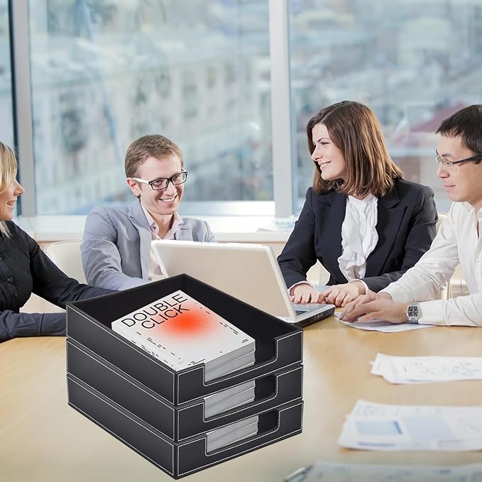 Leather Letter Tray, Office Supplies Desk Organizer for Mail Paper Files Magazines Jewelry Cosmetics,Luxury Letter Holder&Multipurpos Stackable Office Desktop Storage Box,Black-DeskLoop Office