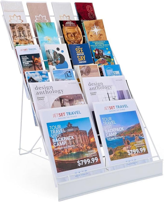 Displays2go Wire Magazine Rack with 6 Open Tiers, Holds Both Magazines and Brochures, Includes Sign Channel at the Front - White Wire-DeskLoop Office