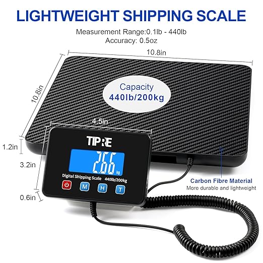 Digital Shipping Postal Scale 440lb/0.5oz Accuracy! Lightweight Carbon Fibre Commercial Weight Scale for Package, Small Business, Mail, Warehouse, Home, Luggage, Battery&Charging Cable Included-DeskLoop Office