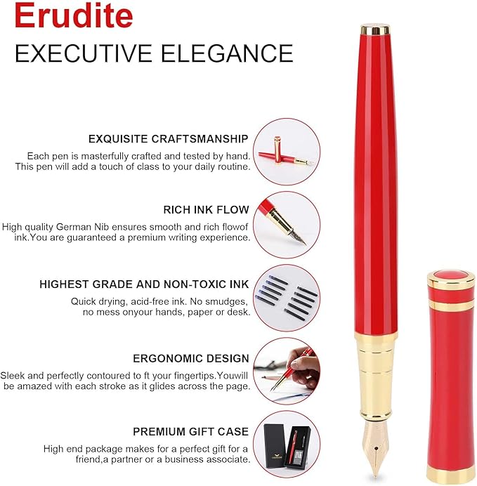 Cheericome Fountain Pen - Luxury Fountain pen set for Men & Women - Ink Pen for Smooth Writing - Fountain Pen Fine Nib,Includes 10 Ink Cartridges and Ink Refill Converter - Red-DeskLoop Office
