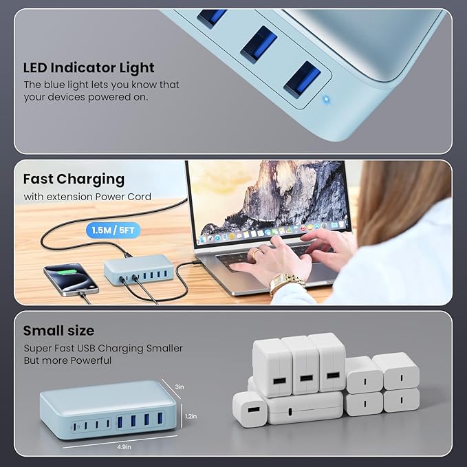 USB C Charger 200W USB C Charger Block,Upgraded GaN III 8-Port Fast Charging Station Hub,PD 65W Laptop Charging Adapter Compatible with MacBook Pro/Air,DELL,Steam Deck,iPhone 16/15/14,Galaxy S23/22-DeskLoop Office