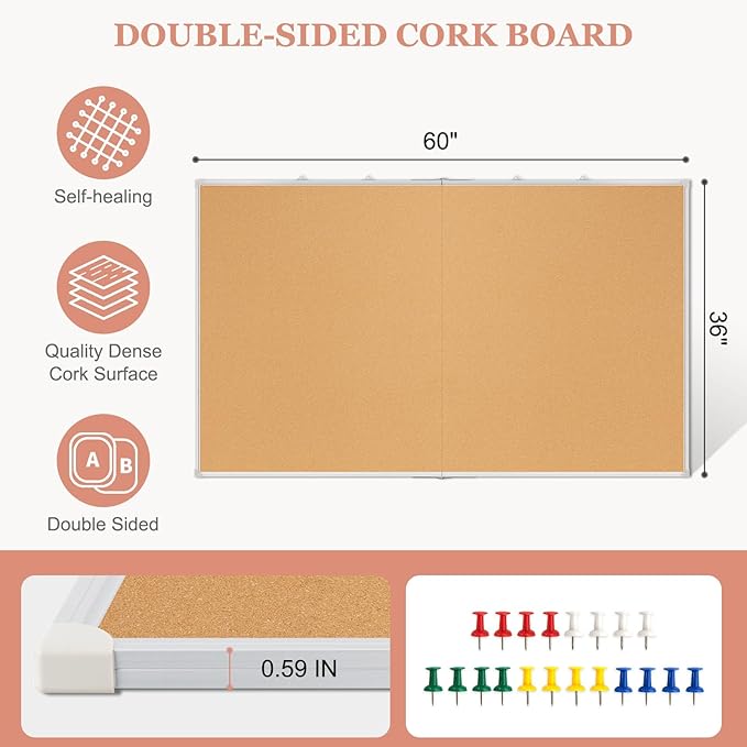 Double-Sided Large Cork Board, 60" x 36" Foldable Hanging Aluminum Framed Bulletin Board, Vision Board Pin Board Corkboards for Walls, Office, School Decor, 20 Pushpins-DeskLoop Office