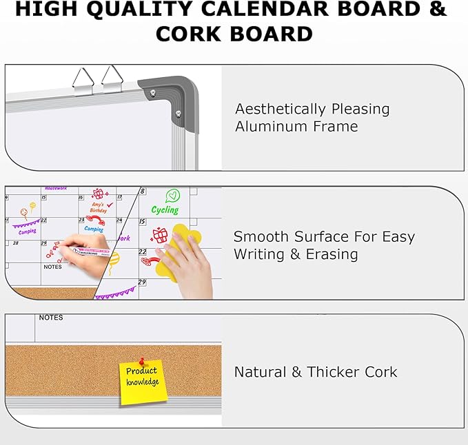 EAONE 16x12 in Double Side Whiteboard Calendar & Cork Board Combo for Wall, 3 in 1 Magnetic Dry Erase Whiteboard Monthly Calendar and Bulletin Board with Aluminum Frame for Home Office Kitchen-DeskLoop Office