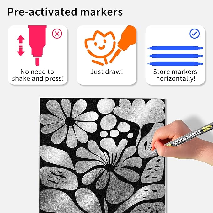 NAWOD 3 Silver Acrylic Paint Pens Markers, Dual Tip (Dot + Brush Tip), for Rock Painting Fabric Canvas Glass Wood Ceramic Paper Eggs, Fabric Marker Ideal for Labeling DIY Crafts Art Projects-DeskLoop Office