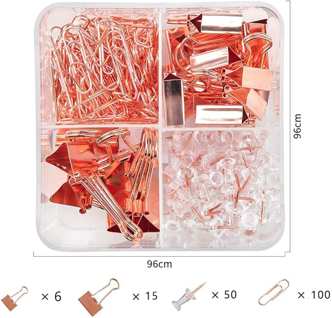 Paper Clips and Binder Clips Set, Metal Assorted Sized Binders with Push Pins, Cute Office Supplies for Desk, Desk Accessories (Square-Rose-Gold)-DeskLoop Office
