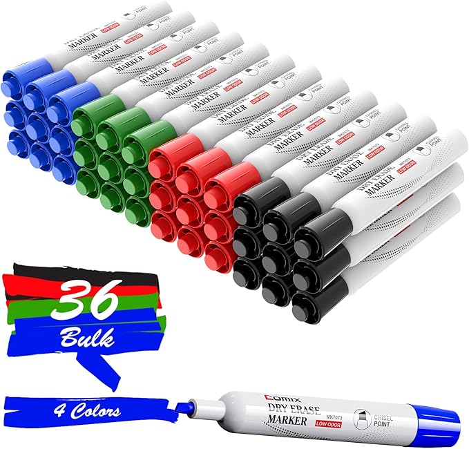 Comix Dry Erase Markers, Chisel Tip White Board Markers, 36 Bulk 4 Assorted Colors Low Odor Markers for Teachers Office & School Supplies-DeskLoop Office