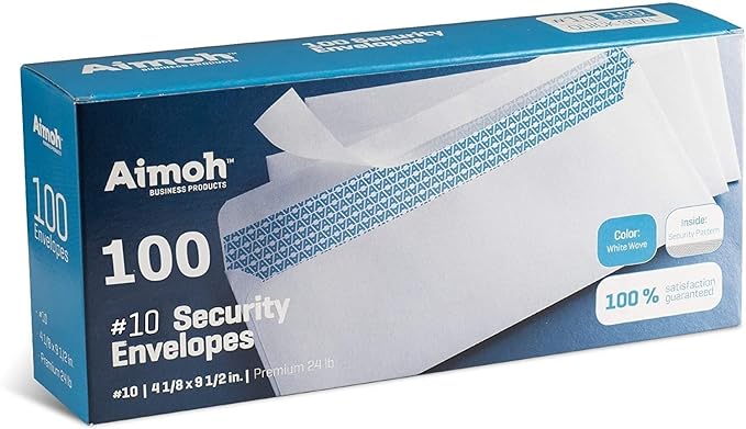 Aimoh #10 Security Tinted Self-Seal Envelopes - No Window - EnveGuard, Size 4-1/8 X 9-1/2 Inches - White - 24 LB - 1 Case - 12 Packs - 1,200 Envelopes (34100-CS)-DeskLoop Office