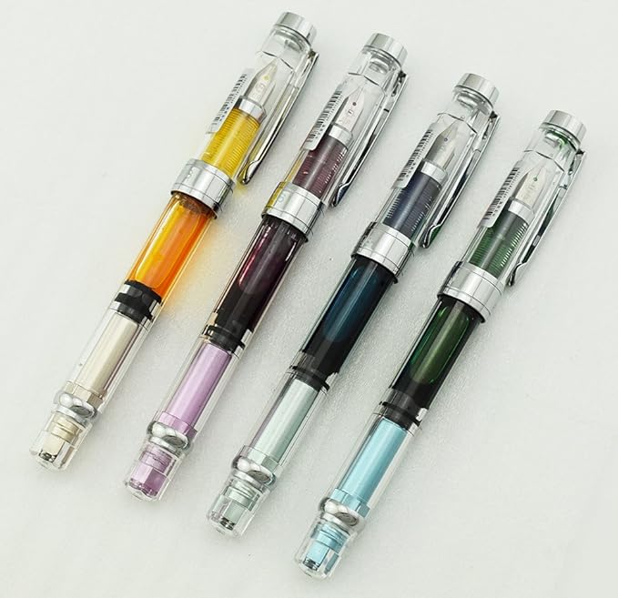 Lanxivi Yongsheng 3008 Piston Fountain Pen EF Extra Fine Nib,Transparent SilverTrim 4 Colors Set-DeskLoop Office