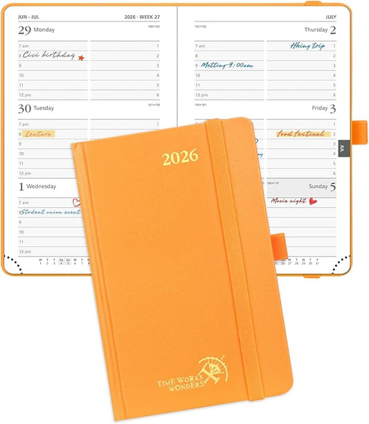 POPRUN 2026 Planner (Pocket Size 4''x 6.25'' Hardcover) - Small Calendar for Purse with Hourly Schedule & Vertical Weekly Layout, Monthly Calendars, 100 GSM - Orange-DeskLoop Office