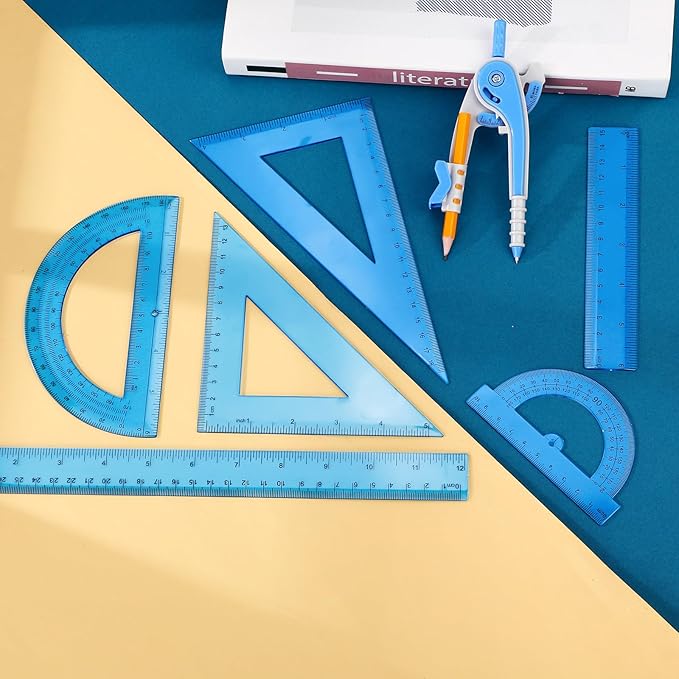 Zonon 1 Set Plastic Geometry Math Set 7 Pcs Includes 6'' / 4 '' Protractor, Drawing Compass, 45/60 Degree Triangle Rulers, 12'' / 6'' Math Ruler Transparent for Office Supplies(Blue)-DeskLoop Office