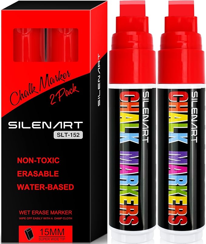 SILENART Thick Chalk Markers Red - 15mm Jumbo Tip Car Marker - Wide Window Chalk Pen for Chalkboard, Window, Glass, Mirror, Blackboard-DeskLoop Office
