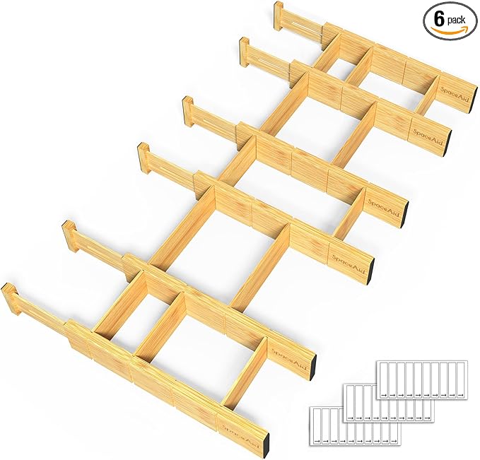 SpaceAid Bamboo Drawer Dividers with Inserts and Labels, Kitchen Adjustable Drawer Organizers, Expandable Organization for Home, Office, Dressers and Bathroom, 6 Dividers with 12 Inserts (13.25-17 in)-DeskLoop Office