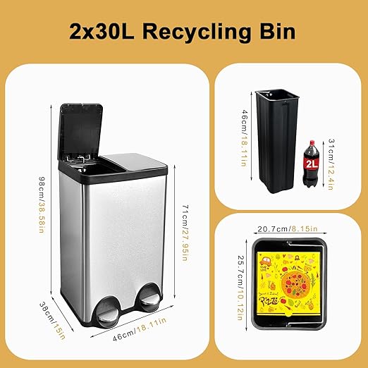Dual Trash Can, 60 Liter/16 Gallon Dual Bin Trash Can with Lids, Kitchen Trash Can Dual Compartments, Trash and Recycling Bin Combo, Hands-Free Stainless Steel Kitchen Trash Can-DeskLoop Office