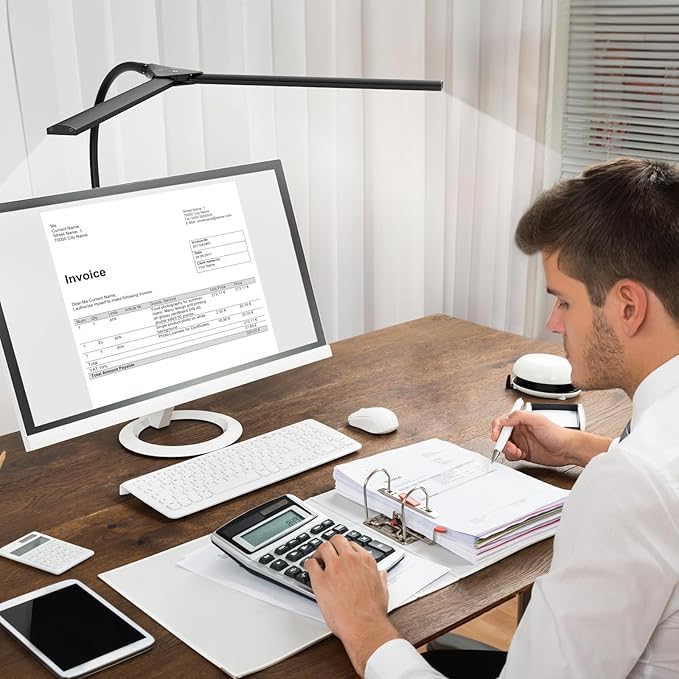 LED Desk Lamp for Home Office, Bright Double Head Desk Lamp with Clamp, Dimmable 5 Color Modes Desk Lighting, 12W Eye-Caring Architect Table Lamp for Workbench, Monitor, Reading, Study, 1400lm-DeskLoop Office