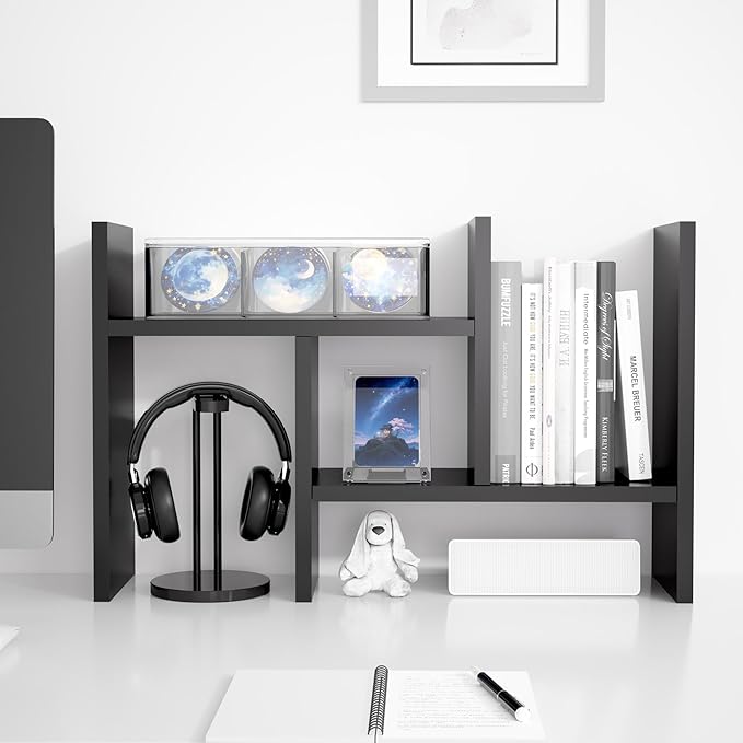Jerry & Maggie Desktop Organizer Office Storage Rack Adjustable Wood Display Shelf Free Style Double H, Multi-Functional Mini Bookshelf for Desk Natural Stand (Black)-DeskLoop Office