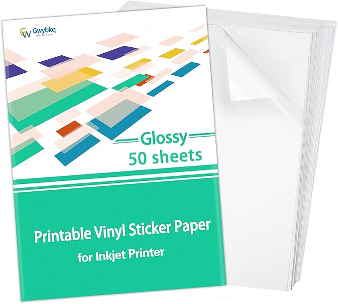 Gwybkq Sticker Paper Printable Vinyl for Inkjet Printer, 50 Sheets Glossy White Waterproof Labels-DeskLoop Office