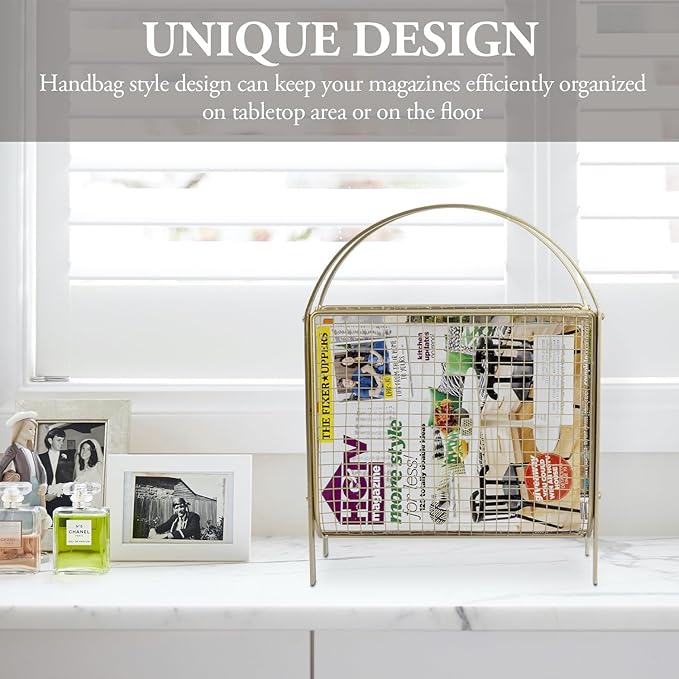 MyGift Mid-Century Design Magazine Rack, Matte Black Tone Metal Mesh Freestanding Magazine Organizer Holder Sling (Brass)-DeskLoop Office