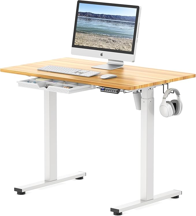 SHW 40-Inch Electric Height Adjustable Standing Desk with Drawer, Memory Preset and Cable Management Tray, Oak-DeskLoop Office