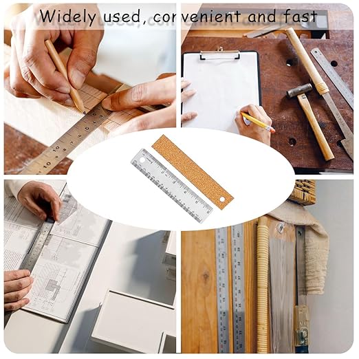 3 Pcs 6 Inch Metal Ruler Stainless Steel Metal Ruler with Cork Backing, Non-Slip Rulers with Inch and Centimeters, Straight Edge Cork Base Rulers for Student School Office Drafting Tools-DeskLoop Office