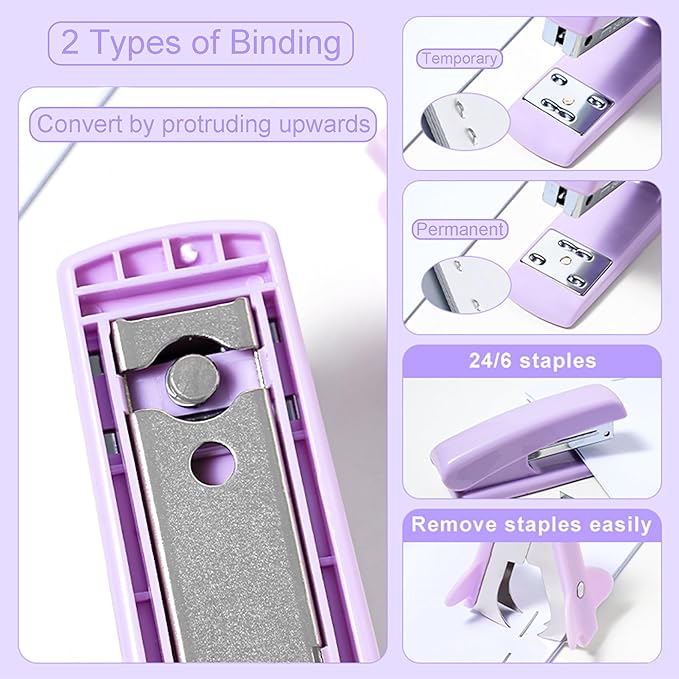 Desk Accessories with Pen Holder, Office Supplies Desk Organizers and Accessories, Tape Dispenser, Stapler, Staple Remover, Staples, Clips Set, Ruler, Scissor, Pen, Tape (Purple)-DeskLoop Office