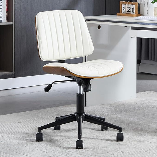 Small Home Office Chair - Armless Mid Back Desk Chair with 360° Swivel and Wheels, PU Upholstered Height Adjustable Modern Walnut Computer Chair for Home, Office Meeting Room - Black-DeskLoop Office