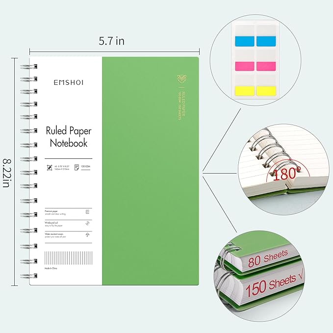 EMSHOI A5 Spiral Notebook College Ruled Lined Journal, Small 5.7" X 8.22", 300 Pages/150 Sheets, 100gsm Thick Paper, Waterproof Hardcover, for Office School Women Men Work Writing Notes-Green