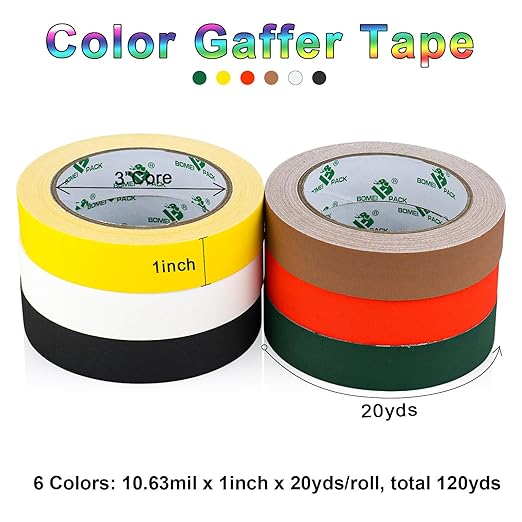 BOMEI PACK 6 Colors Gaffer Tape 1inch x 20yds, Matte Non-Reflective Theater Stage Tape, No Residue Hand Tear, for Cable, Photo Studio, Painters, Floors Marking Tape-DeskLoop Office