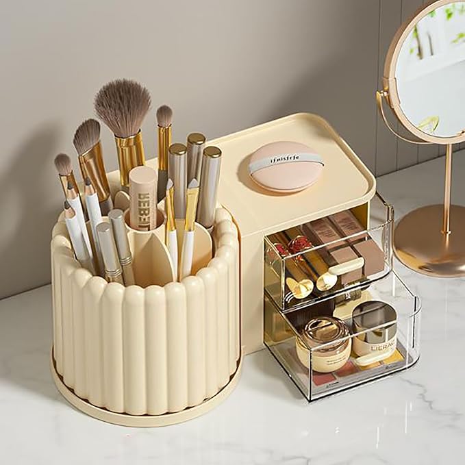 Anyoifax 360 Rotating Makeup Brush Holder 7 Slots Makeup Organizer with Drawer Removable Spinning Cosmetic Storage Pen Holder for Vanity, Dresser, Desk, Beige-DeskLoop Office